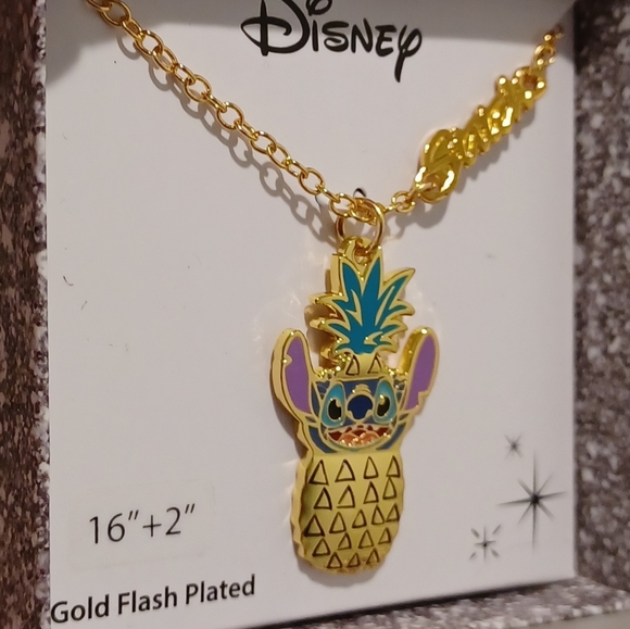 DISNEY LILO & STITCH GOLD FLASH PLATED PINEAPPLE PENDANT & NECKLACE MEASURES 16" - Picture 5 of 15